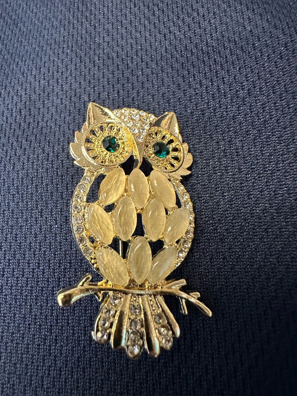 Gold Owl Crystal Brooch with Emerald Eyes